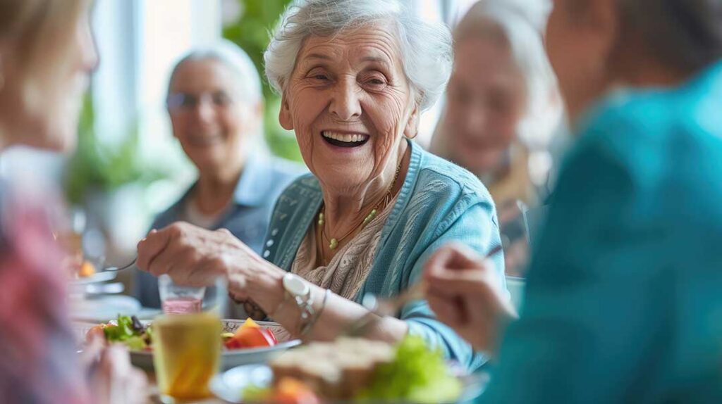 An older adult and a family member discussing housing options together in a bright living room.